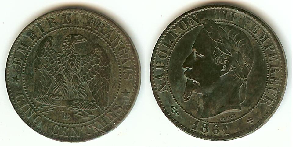 Cinq centimes Napoléon III, tête laurée 1861 Strasbourg TTB+